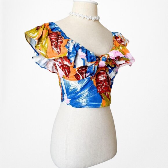 Zara Off Shoulder Blue Yellow Tropical Print Ruffle Bow Front Crop Top Size S - Picture 5 of 6